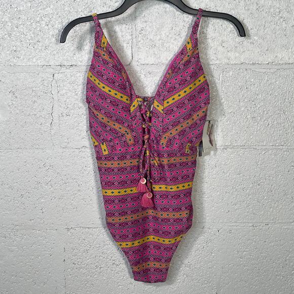 Jessica Simpson Shine Bright Lace Front 1 Piece Swimsuit Tulip Multi Medium - Picture 1 of 12